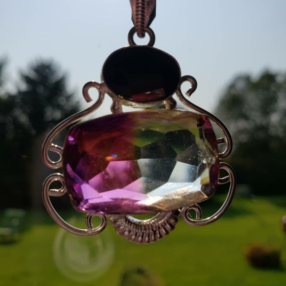 Necklace tourmaline pendant, silver, onyx strand. - Picture 4 of 8